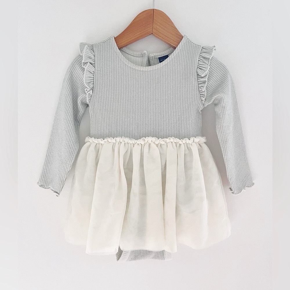 NEW Sparkly Holiday Tutu Bodysuit Dress, Silver Ribbed Bodice, Ivory Tulle Skirt
